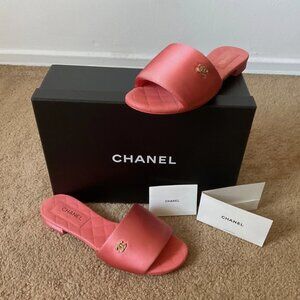 Authentic 22P Chanel satin sandals mules slides 38 C